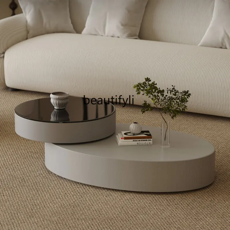 

Italian Minimalist Rotating Coffee Table Size round Steel Glass Solid Wood Leather Light Luxury Living Room Coffee Table