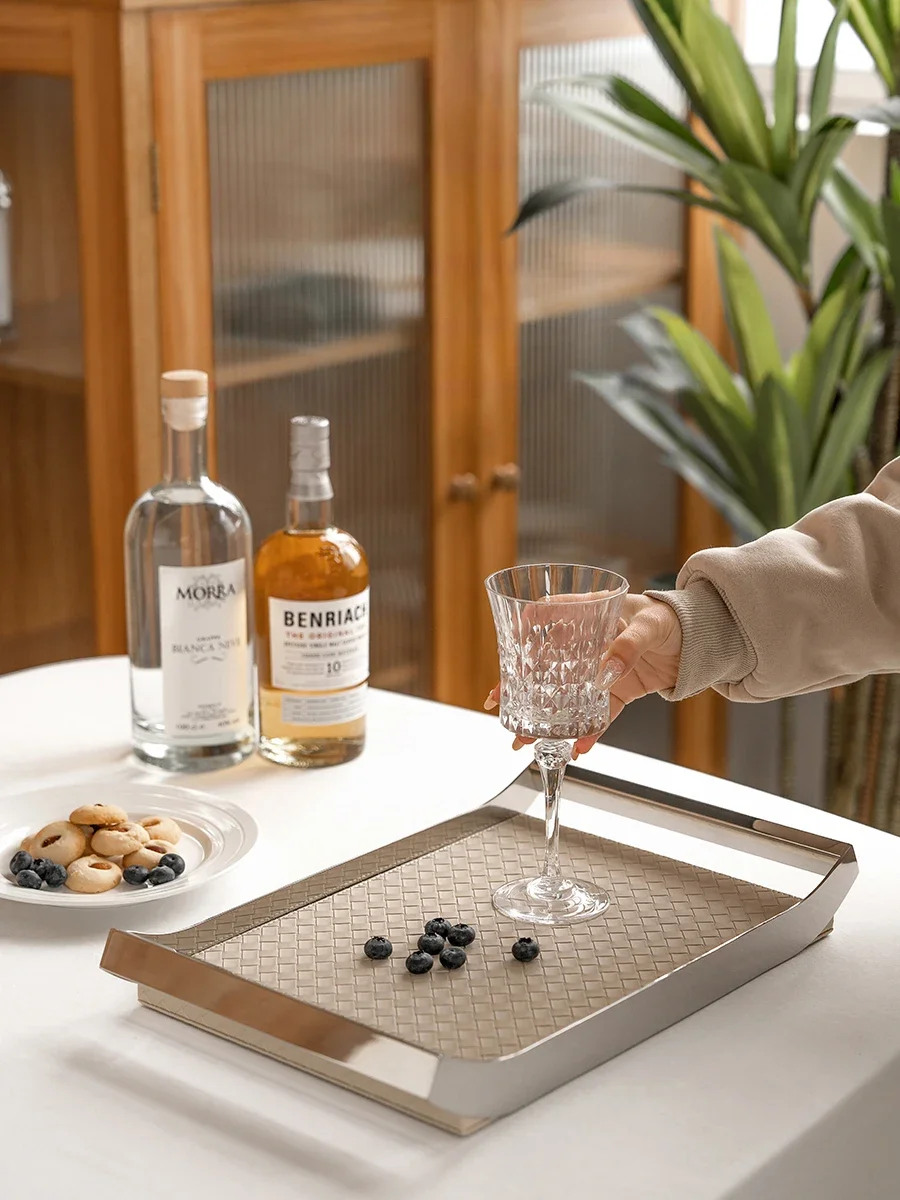 Nordic Luxury Stainless Steel Serving Tray Leather Woven Storage Tray with Handles for Home Decoration Table Room Gift 2