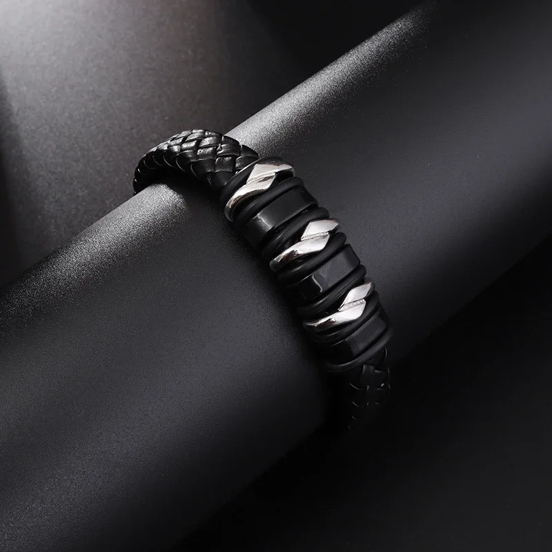 Men's Classic Magnetic Black Leather Rope Chain Charm Bracelet Sports Casual Style