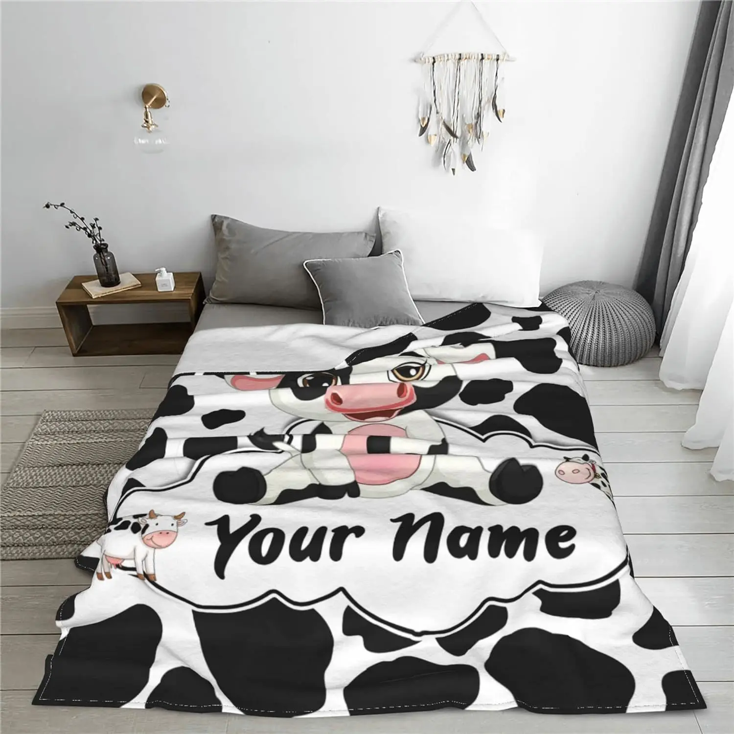 Customized printed blankets for personalized black cows and cute white cow printed sofas, Christmas and birthday gifts 3