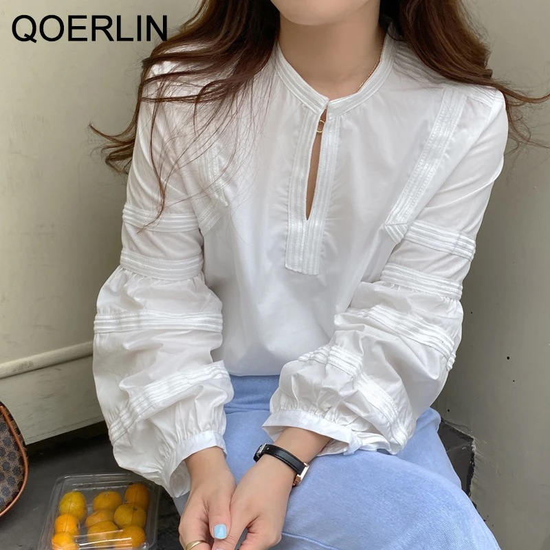 QOERLIN French New Designer V-Neck Shirt Lantern Sleeve White Shirt Oversize Tops Blouse Women Spring Autumn Blusa