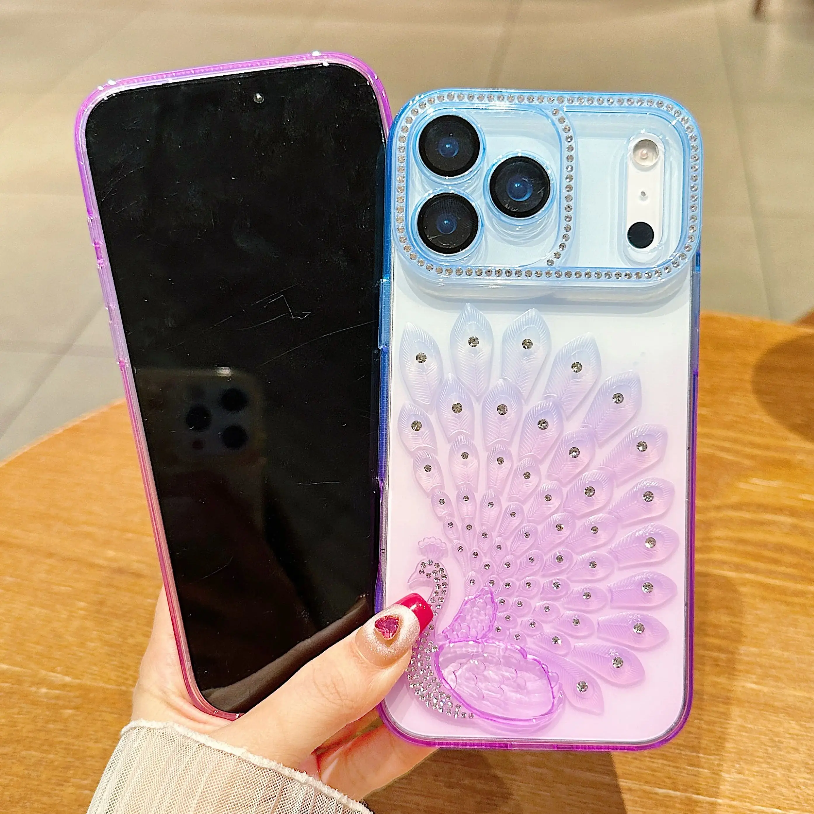 Colorful Peacock Diamond Aesthetic Gradient Clear Case with Lens Protection