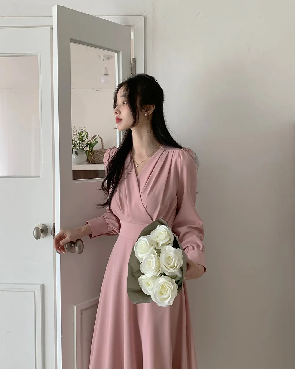 Korean Fashion Autumn Midi Dresses for Women Long Sleeves V-neck A-line Solid Casual Dress Office Lady Clothing New