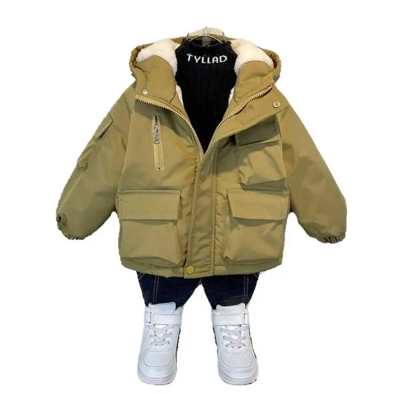 Winter Warm Children Boys 2-10Years Fashion Boys CoatJacket Khaki Black Thick Warm Down Clothes Kids Zipper Hooded Outerwear