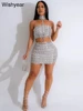 New Silvery Sexy Mini Skirt and Choker Crop Top Strapless Halter Two 2 Piece Set Women Rhinestones Night Club Birthday Outfits 1