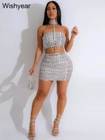 New Silvery Sexy Mini Skirt and Choker Crop Top Strapless Halter Two 2 Piece Set Women Rhinestones Night Club Birthday Outfits 1
