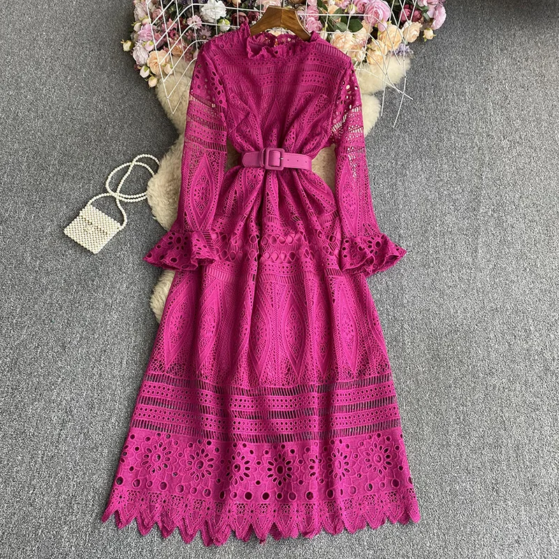 

VANOVICH Temperament Solid Color Long Sleeve Lace Waist Slim A-line Dress Spring New Edible Tree Fungus Stand Collar Long Dress