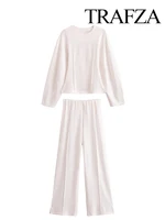 TRAFZA Femmes Nouvelle Mode Minceur 2-Pièce Ensemble Double-Face Tissu Tour Cou Manches Longues Haut + Élégant Stretch Casual Long Pantalon 6