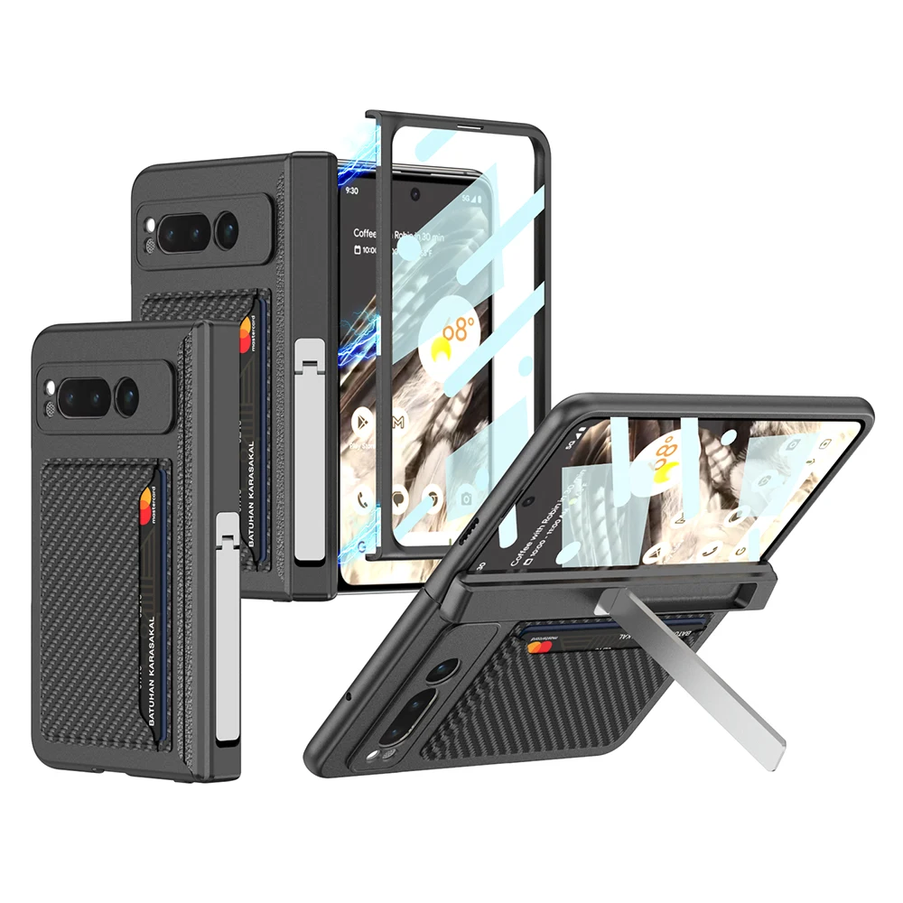 

For Google Pixel Fold Case Plain Leather Card Pocket Magnetic Hinge Kickstand With Tempered Glass Film Matte Hard PC Back Cover