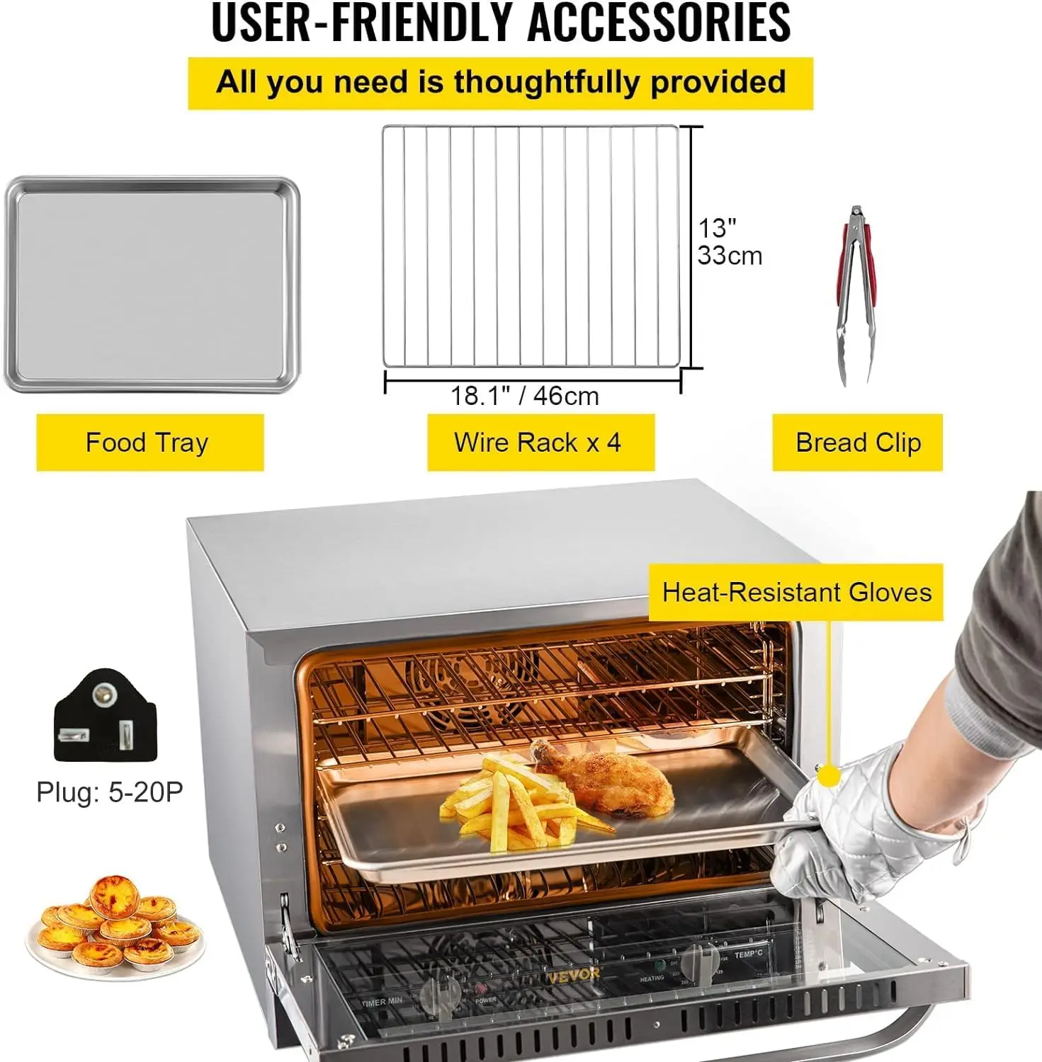 Commercial Convection Oven, 66L/60Qt, Half-Size Conventional Oven Countertop, 1800W 4-Tier Toaster w/Front Glass Door, w/Trays 6
