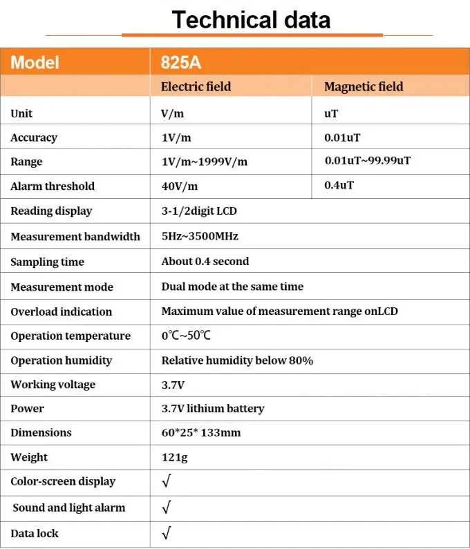 825A Electromagnetic Radiation Tester Handheld Digital LCD EMF Meter 4G 5G WIFi