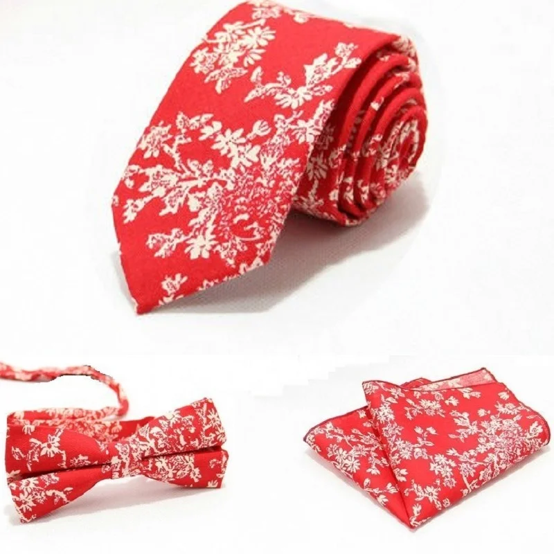 

Floral Necktie Bow Tie Handkerchief For Men Leisure Cotton 6cm Kerchief Set Standard Pocket Square Red Wedding