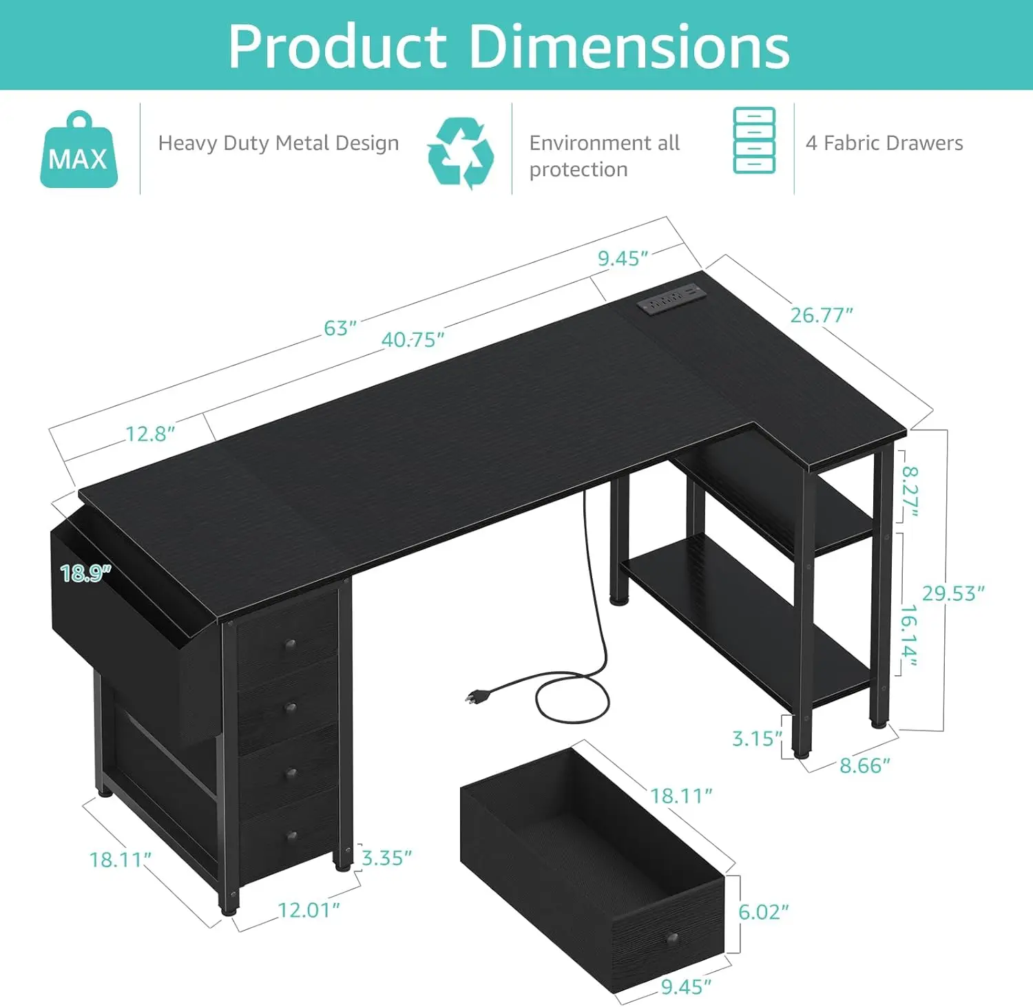 L Shaped Gaming Desk with Drawers  Storage Shelves  63 Inch Corner Computer Desk with Power Outlet for Home Office Bedroom  L Sh 3