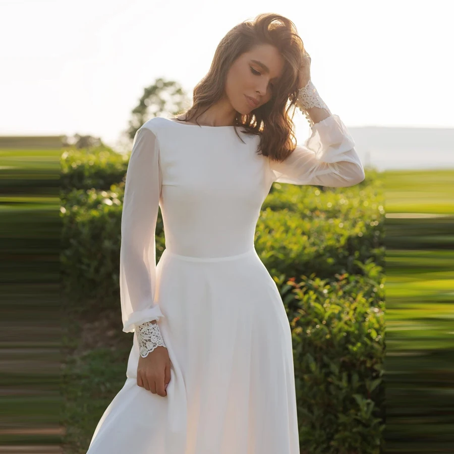 Vestidos de casamento elegantes com apliques, O-pescoço, A-Line