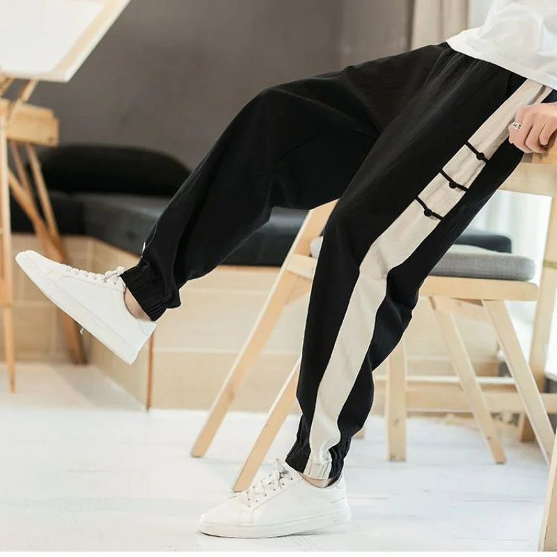 Koreon Summer New Vintage Cotton Linen Sweatpants Streetwear Fashion Men Elastic Waist Pockets Slim Big Size Casual Trousers