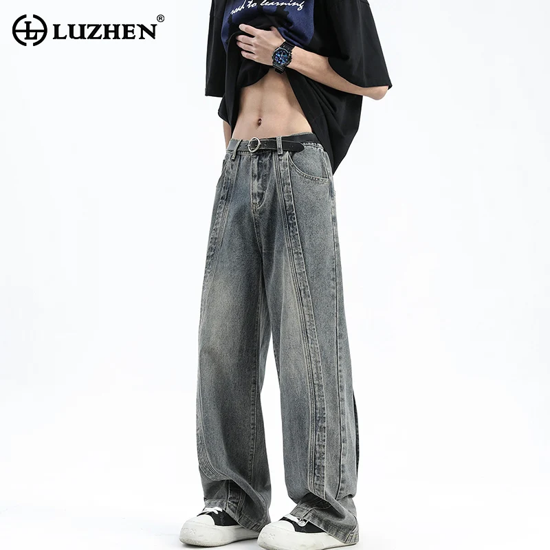 

Новинка 2024, модные прямые джинсы LUZHEN в уличном стиле, оригинальные мужские потертые модные джинсовые брюки, бесплатная доставка LZ2049