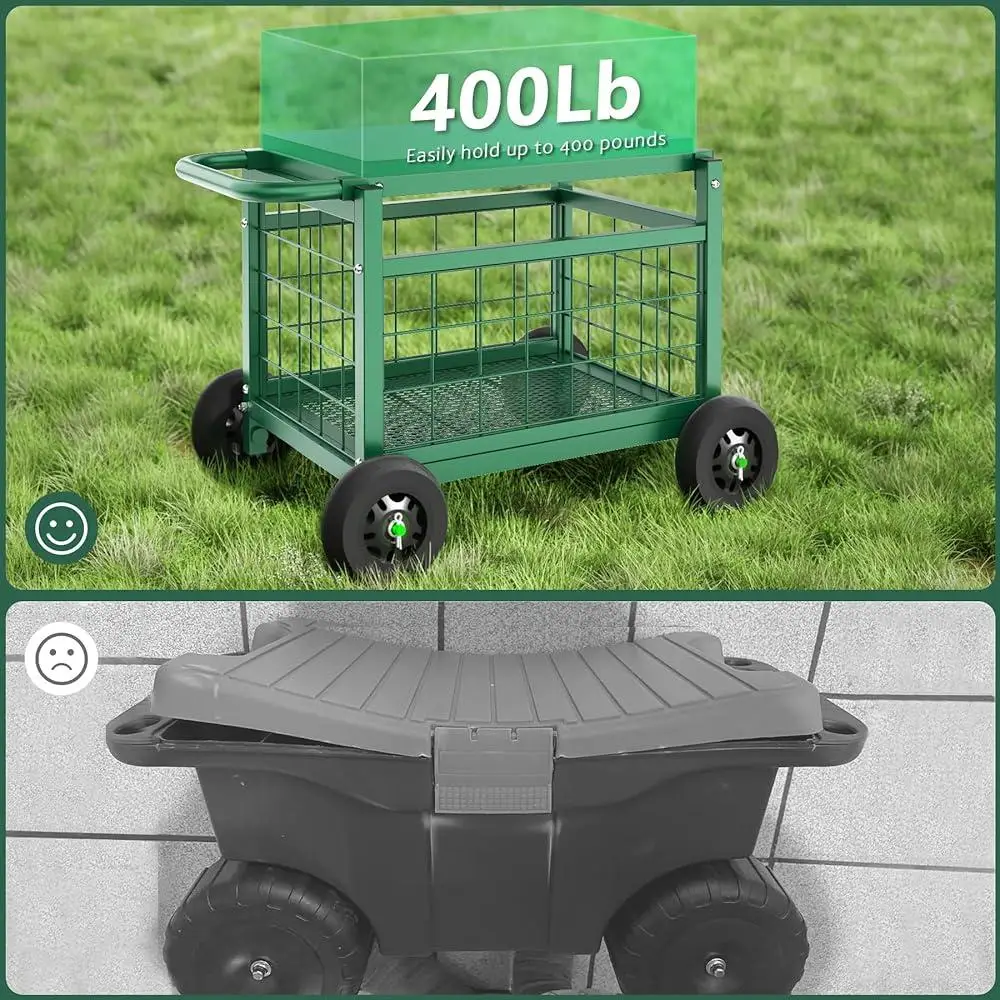 Heavy Duty Rolling Garden Cart with Seat 4-in-1 Ergonomic Design Garden Work Seat on Wheels Sturdy Metal Construction Easy 5