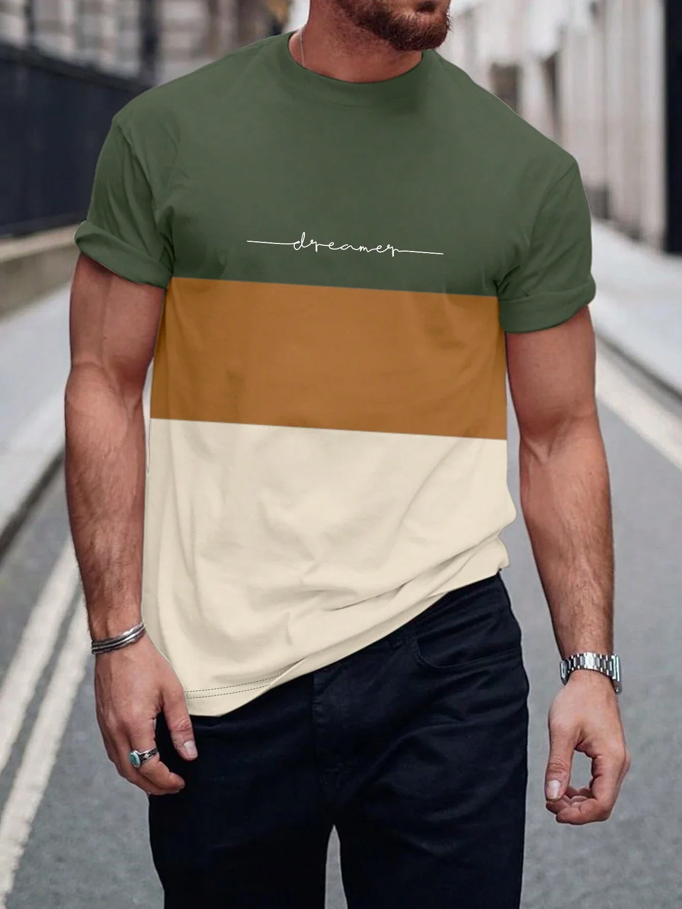 thumbnail image 1 of Camiseta con estampado de letras en bloques de colores para hombre, camiseta básica de manga corta estilo Harajuku, camiseta informal de cuello redondo para hombre, 1 of 5
