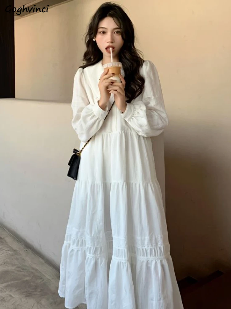 

Midi Dresses Women Sweet Loose Tender Ruffles French Style Casual Holiday Lantern Sleeve Soft Fairycore Fashion Simple Students