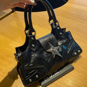 Y2K Gothic Star Girl Black Bag Women Vintage Handbag Fashion Shoulder Bag Large Capacity PU Crossbody Goth Purse Punk Tote Bags 1