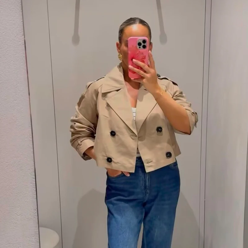 Women's Fashion Double Breasted Short Trench Coat Turn-down Collar Long Sleeve Coats Vintage Female Outerwear Chic Tops - 5