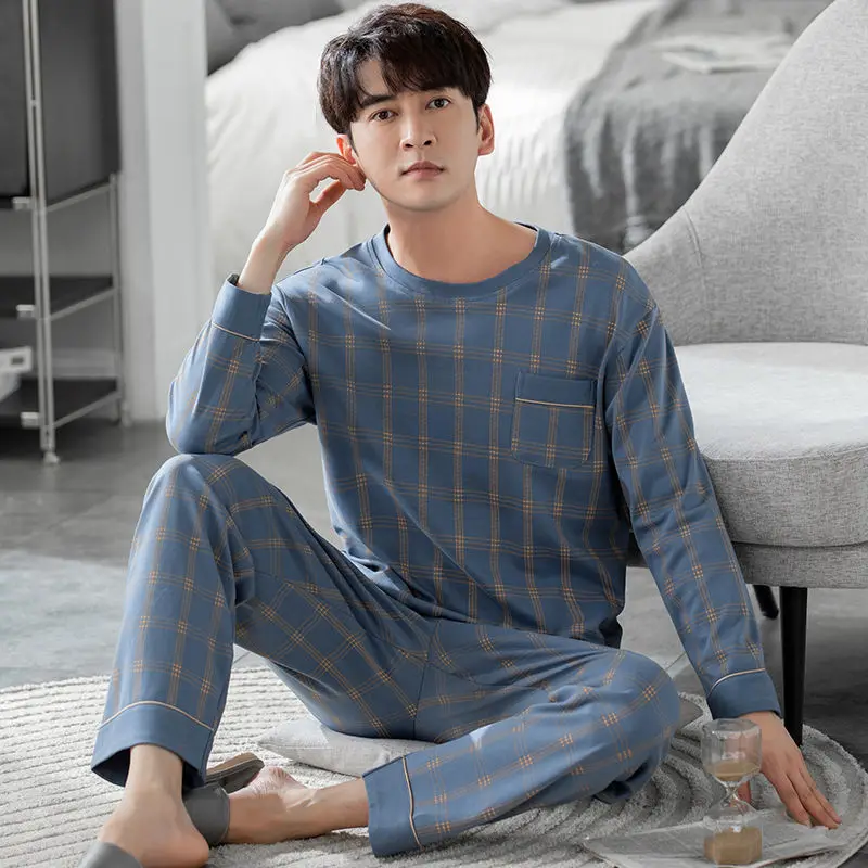 L-4XL Men's Cotton Pajamas 2022 Autumn New Loose Long Sleeve Plaid Pijamas Two Piece Male Fashion Sleepwear Home Clothing Suit pure cotton pajamas women s cute long sleeved trousers pijamas two piece 2022 spring autumn new cartoon loose sleepwear suit