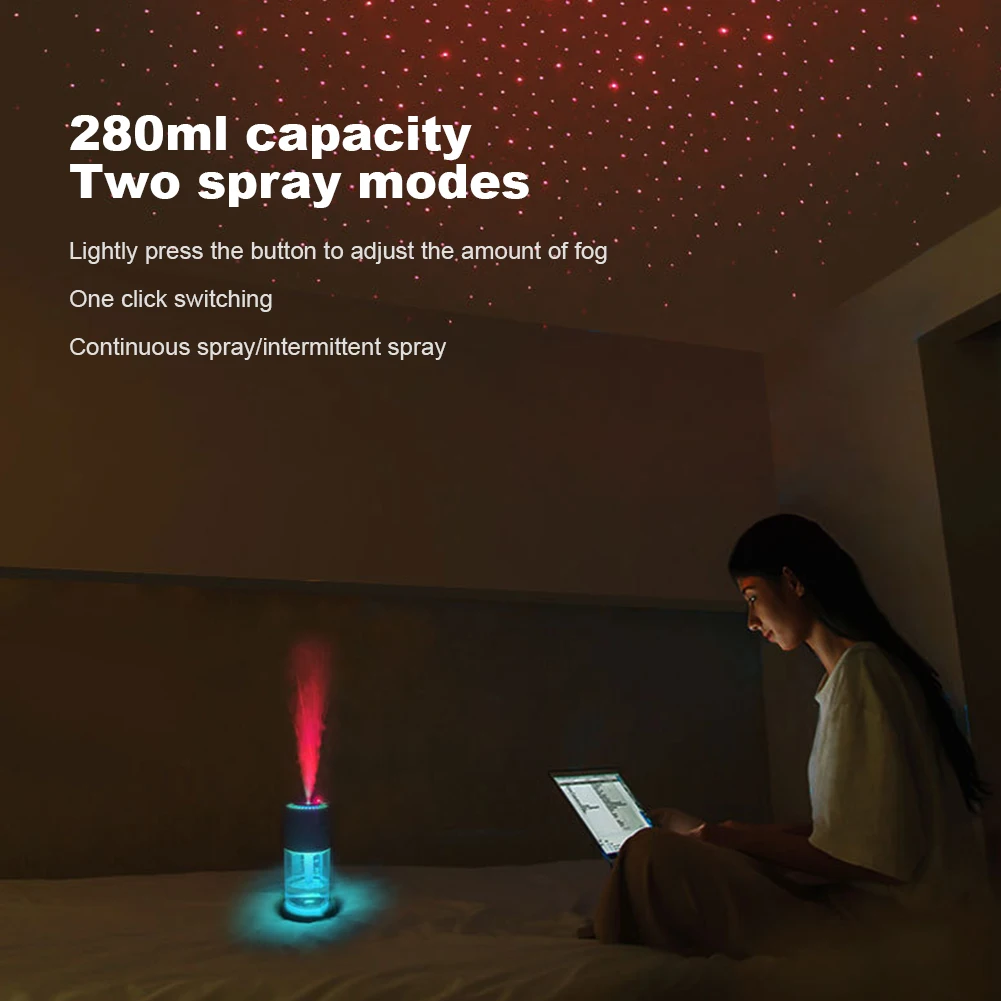 Essential Oil Diffuser with Colorful Night Light 280ML Luminous Humidifier Desktop Water Supplement Spray for Bedroom and Travel