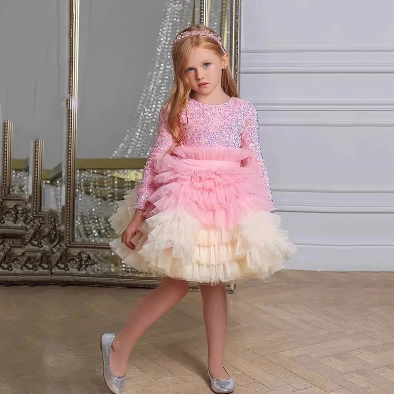 

New Baby Birthday Party Dress For Girls Elegant Sequin Evening Dresses For Teenage Girls Party Frock For Wedding Kids vestido