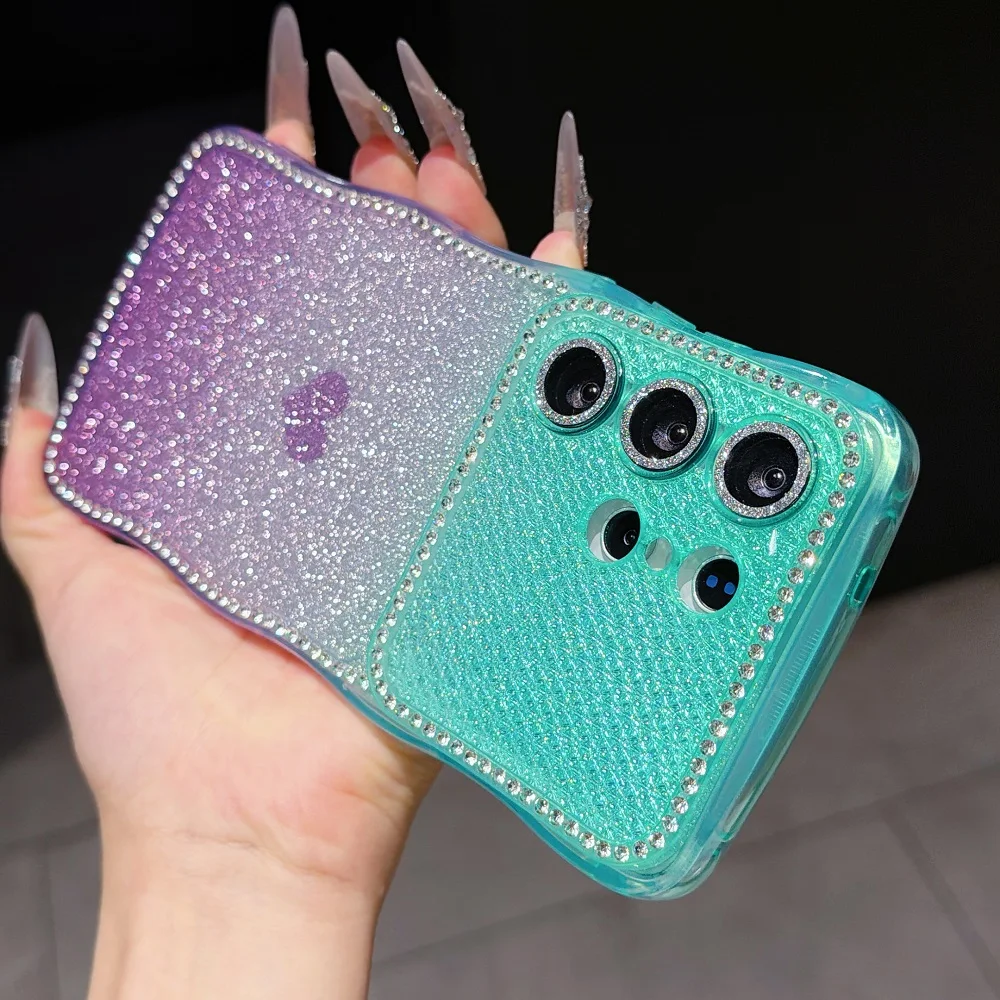 Super Glitter Diamonds Love Heart Phone Case with Wave Gradient and Camera Protection