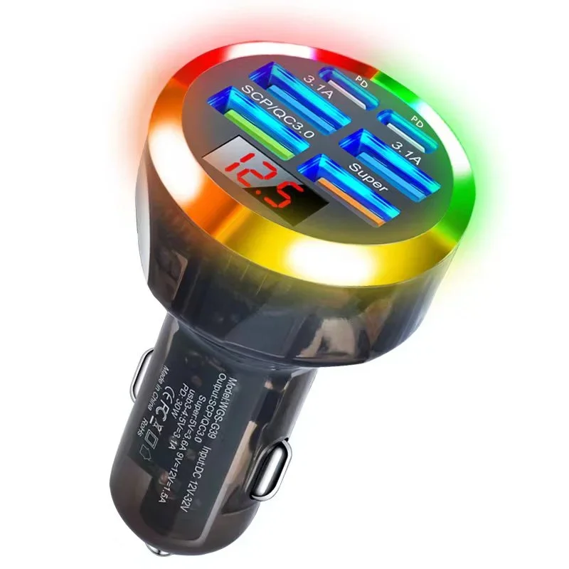 High-Power Multi-Port Car Charger with Digital Display - Super Fast 200W Charging