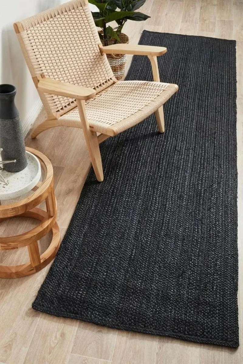 Rug 100 Natural Jute Braided Style Black Runner Rug Living Area Carpet