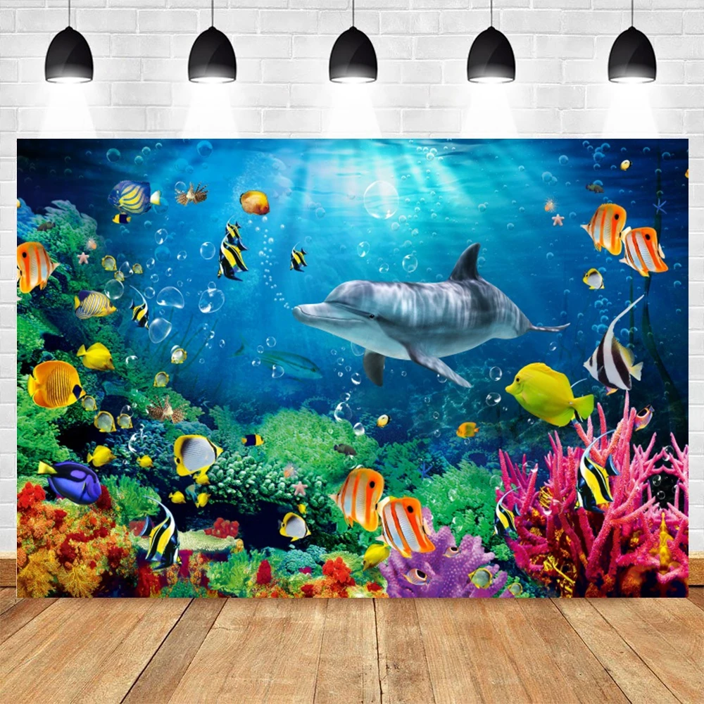 Underwater World Seabed Backdrop Ocean Undersea Shark Fish Coral Baby Birthday Party Decor Photography Background Photo Studio