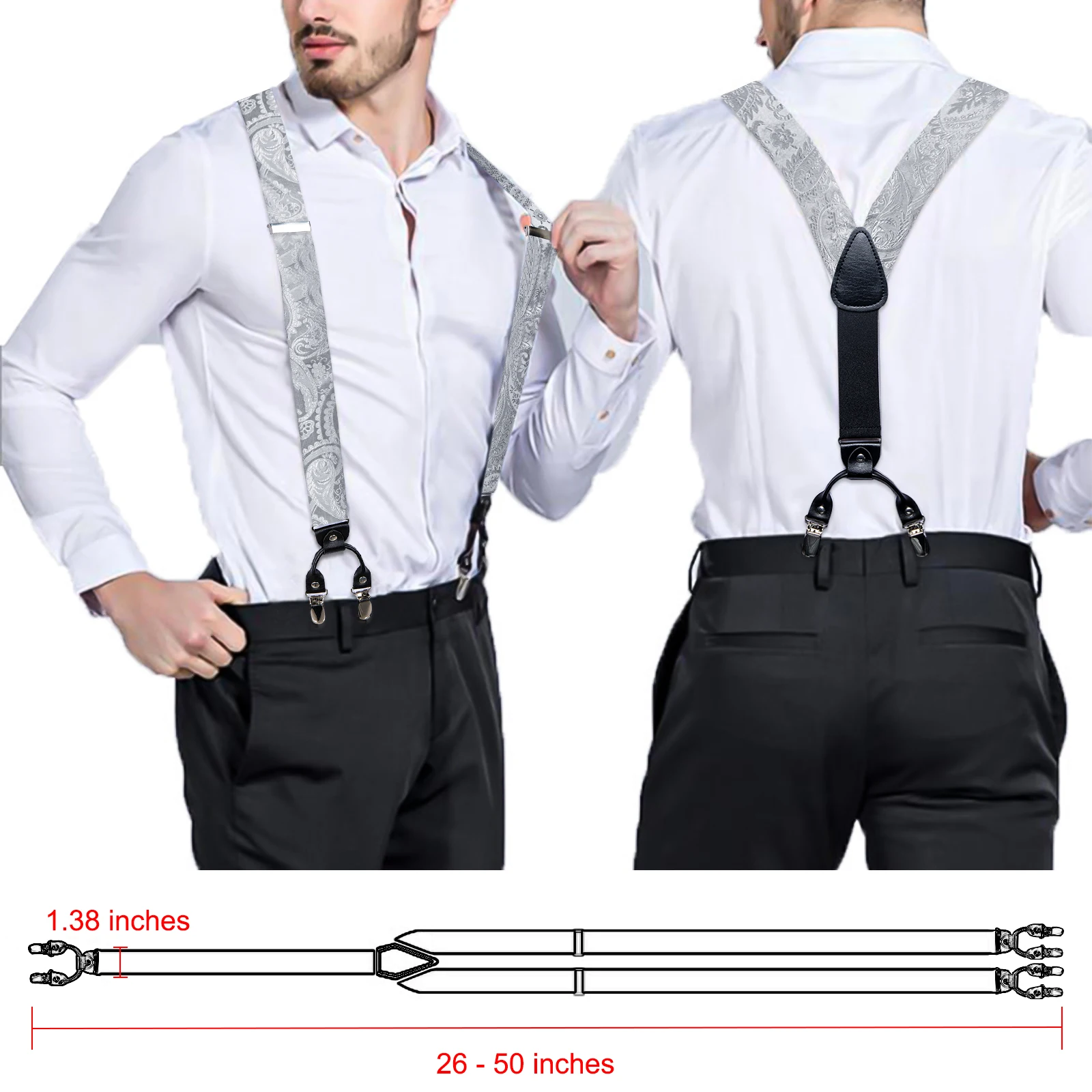 Adjustable Slive Paisley Suspender Self-tie Bowtie Pocket Square Cufflinks Set Luxury 6 Clips Mental Elastic Classic straps