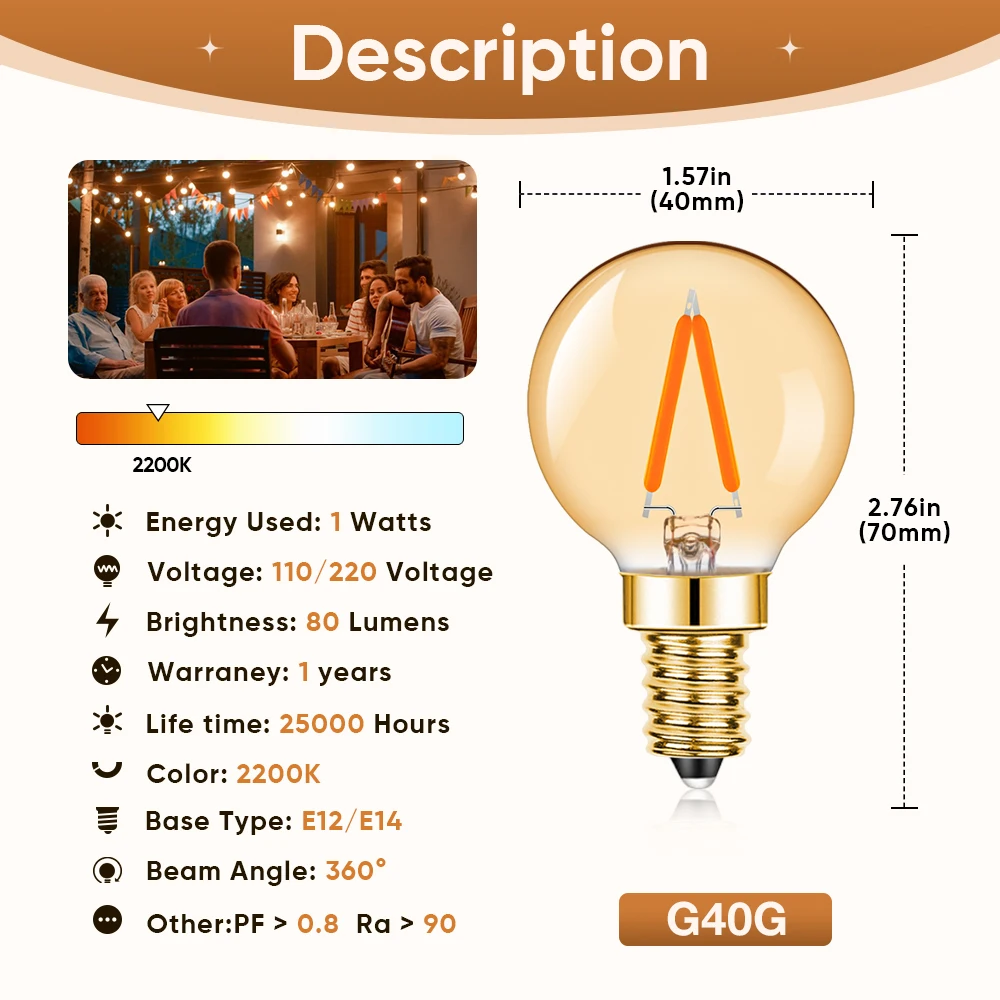 G40 Light bulb Led Filament Lamp E14 E12 110V 220V 1W Globe Ampoules Retro Pendant Chandelier String Light for Home Decoration