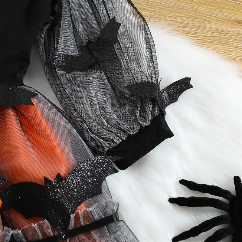 Cute Toddler Girl s Halloween Costume Long Sleeve Dress with Spooky Bat Print and Mesh Yarn Detail A-line Dress