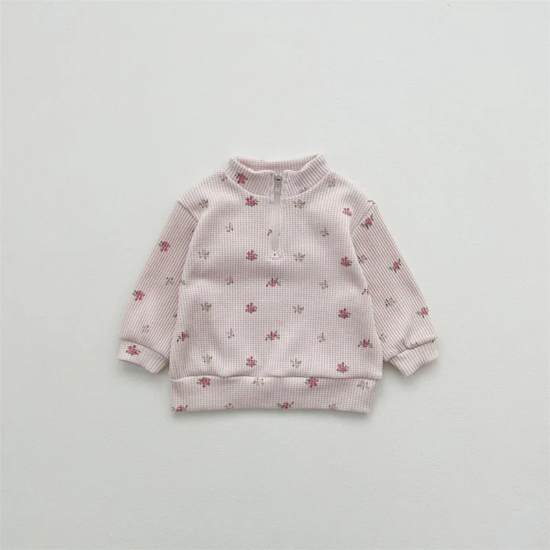 Kid New Waffle Set Girl Sweet Floral Tops Long Sleeves Turtleneck Sweatshirts And Fashion Cotton Bind Feet Pants 2pc Suit