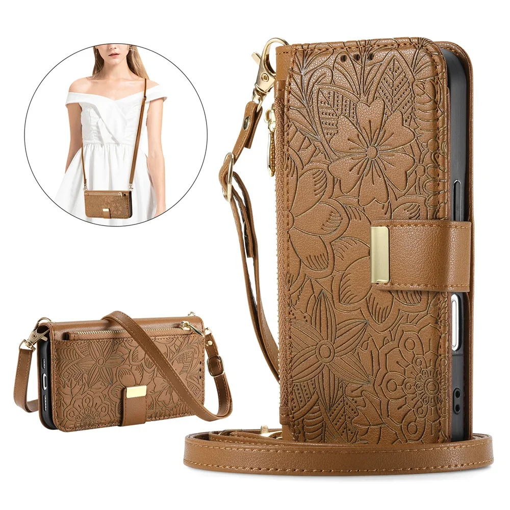 Elegant Leather Crossbody Flip Wallet Phone Case with Card Slots and Wrist Strap