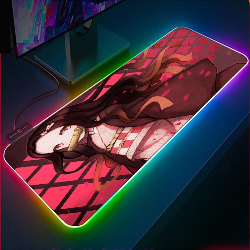 

Kamado Nezuko LED Mouse Mat Light Modes Extra Large Mousepad Non-Slip Rubber Base Computer Keyboard Mat for Gaming Laptop