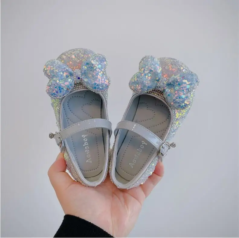 Children's Leather Shoes Spring 2023 New Style Little Girl Sweet Bow Girl Bright Leather Princess Shoes Pink Gray Size 22-33 salvatore ferragamo ferragamo bright leather 30