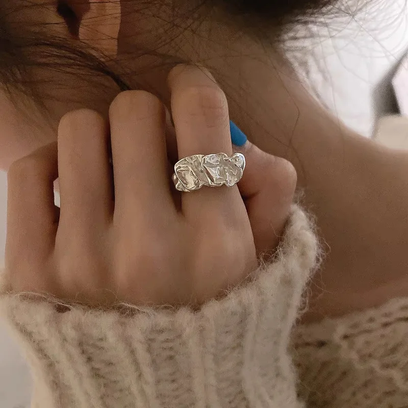 Silver Ring Opening Ring Finger Ring Adjustable Rings New Silver Color Ring for Women Fashion Creative Irregular Metal Geometric Creative Open Rings Party Temperament Jewelry Gift