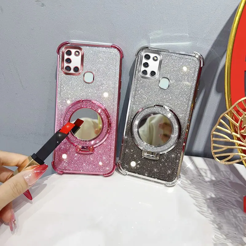Glitter Four-Corner Shockproof Phone Case with Mirror Stand and Beaded Strap