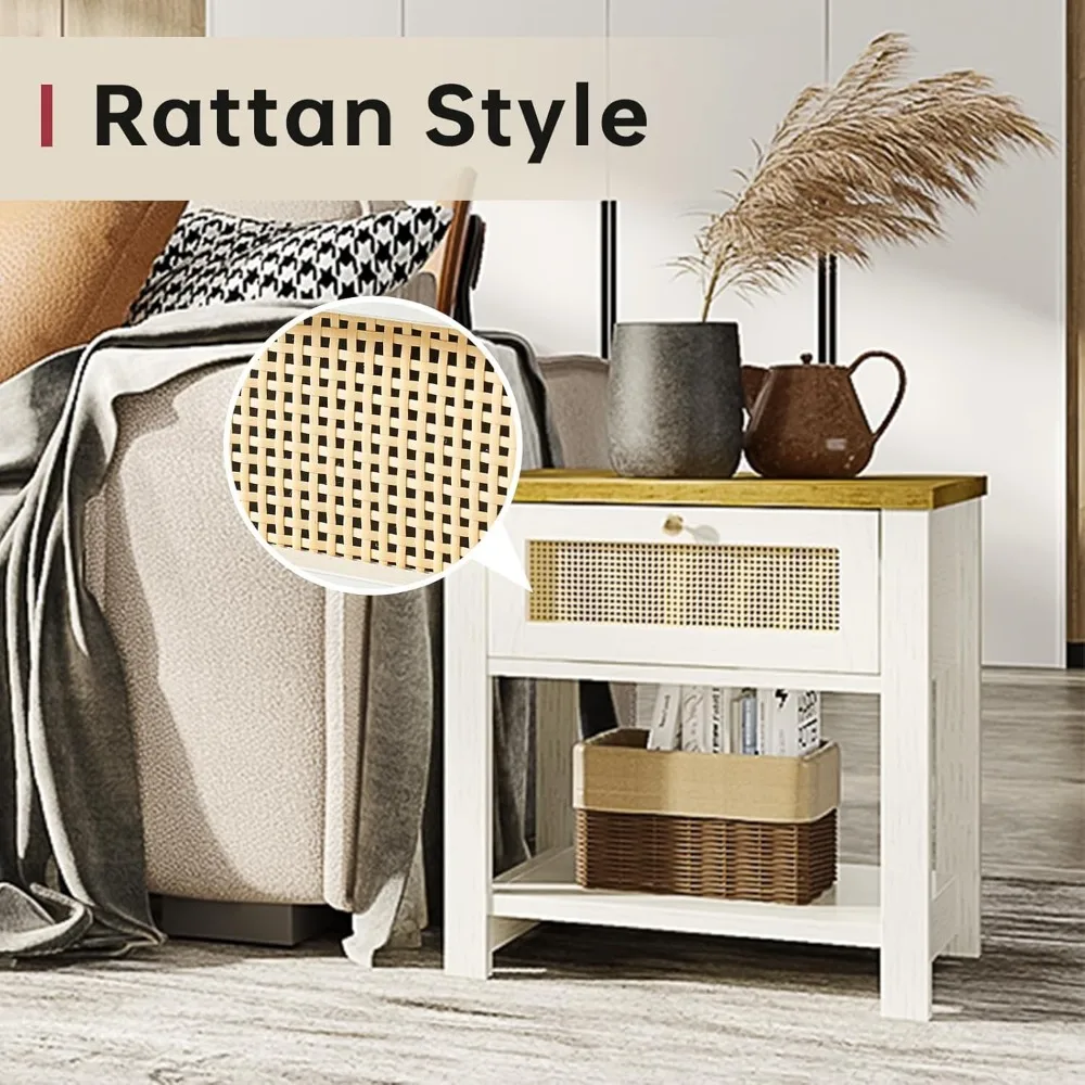 Nightstands Set of 2, End Tables with Rattan Decor Drawers, Bedside Tables in Boho Style, Side Tables with Storage Shelf, White 3