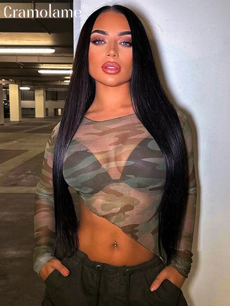 

Long Sleeve Mesh See Through Printed Tshitrs Women Y2K Crop Tops Casual Clothes Chic T-shirts Female Streetwear Wholesale Items