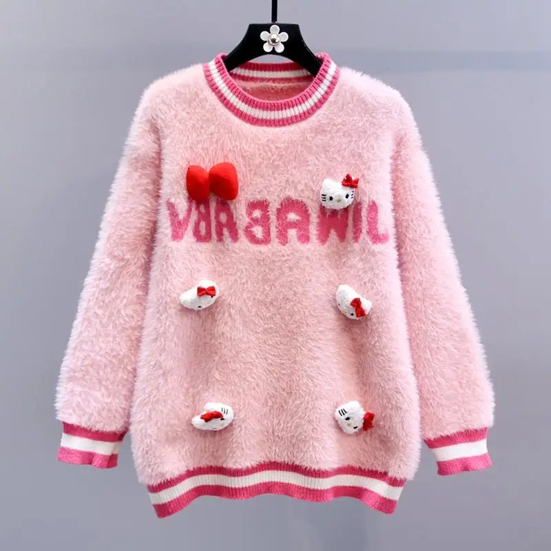 

Свитер Sanrio Hellokitty с милым бантом, кошка, женская одежда на осень и зиму, новинка 2023, свободный свитер средней длины, Топ