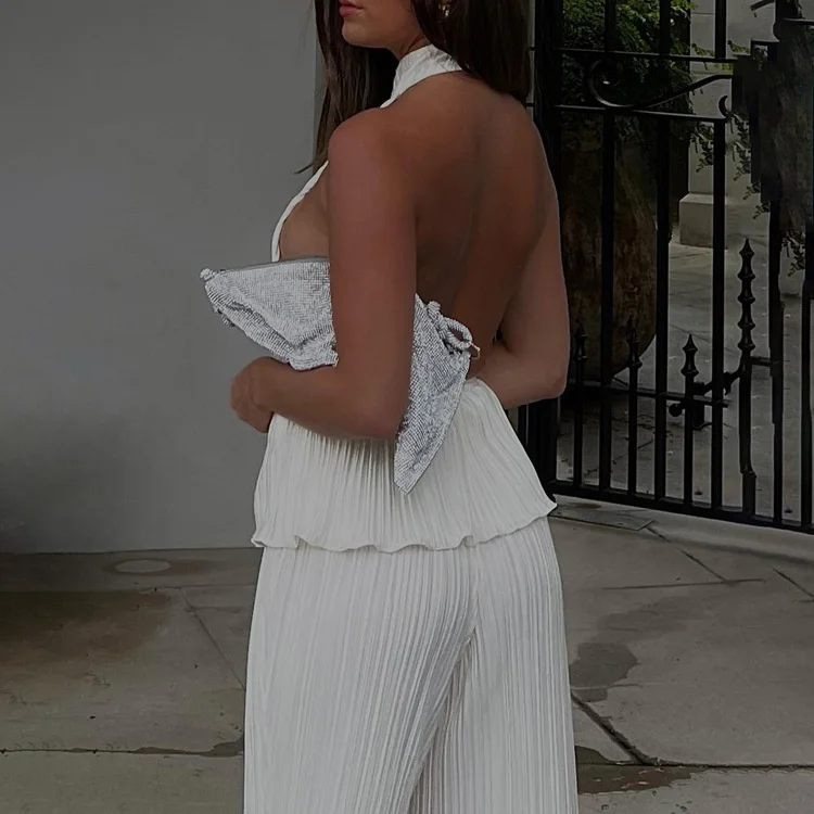 New Hanging Neck Sexy Spicy Girl Sleeveless Tank Top White Pleated High Waist Wide Leg Pants Set Female