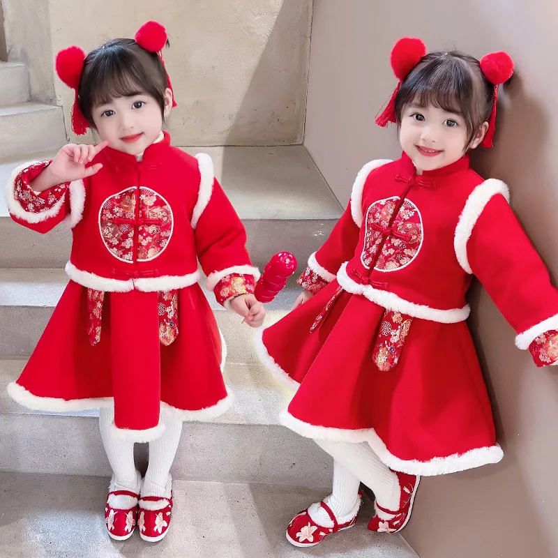 

Зимнее Новогоднее платье для девочек, детский традиционный хлопковый плотный и стеганый китайский Детский костюм с вышивкой Тан, костюмы для выступлений