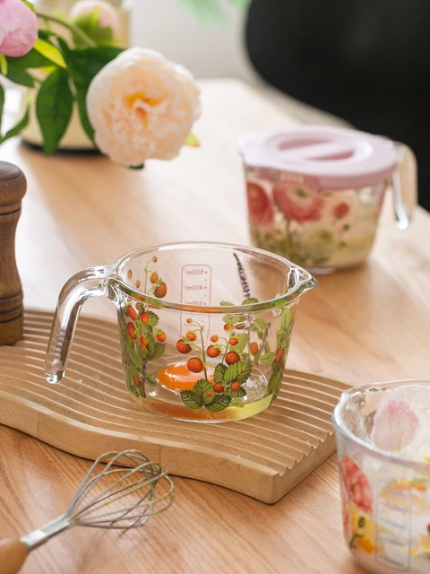 Retro Flower Measuring Cup with Lid Glass Milk Juice Cup with Scale  Measuring Jars Household Kitchen Gadgets Baking Cooking Tool