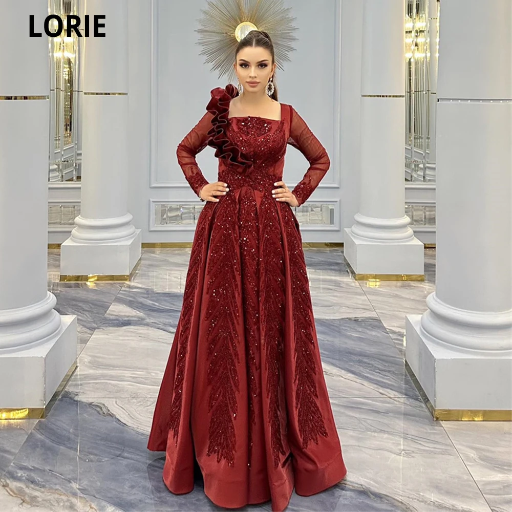 

LORIE Elegant Burgundy Prom Dresses Cap Sleeves Formal Evening Gown Square Neck Appliques Sequins Party Dresses Robes De Soirée