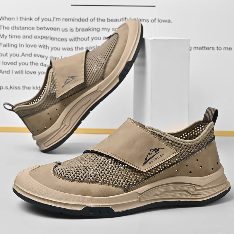 Handmade Leather Men's Slip on Shoes Outdoor Casual Loafers Moccasins Soft-Soled Walking Mesh Shoes Non-Slip Male Driving Shoes 2