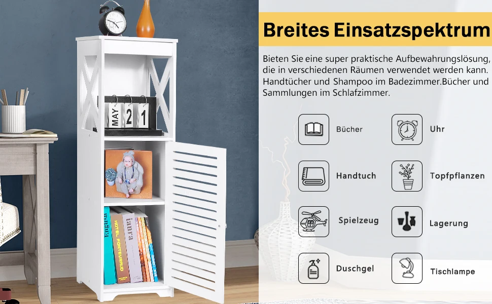 Badezimmerschrank, Bodenaufbewahrungsmöbel mit Tür und Fensterladen, Weiß, 26 x 20 x 75 cm, 3 Etagen, modern, Badezimmer – Detail 4